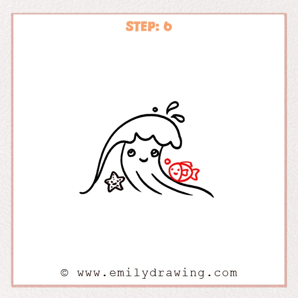 how to draw a cartoon ocean - Step 6 adds a small cartoon fish with stripes and a bubble beside the cute cartoon ocean wave, completing the ocean scene.